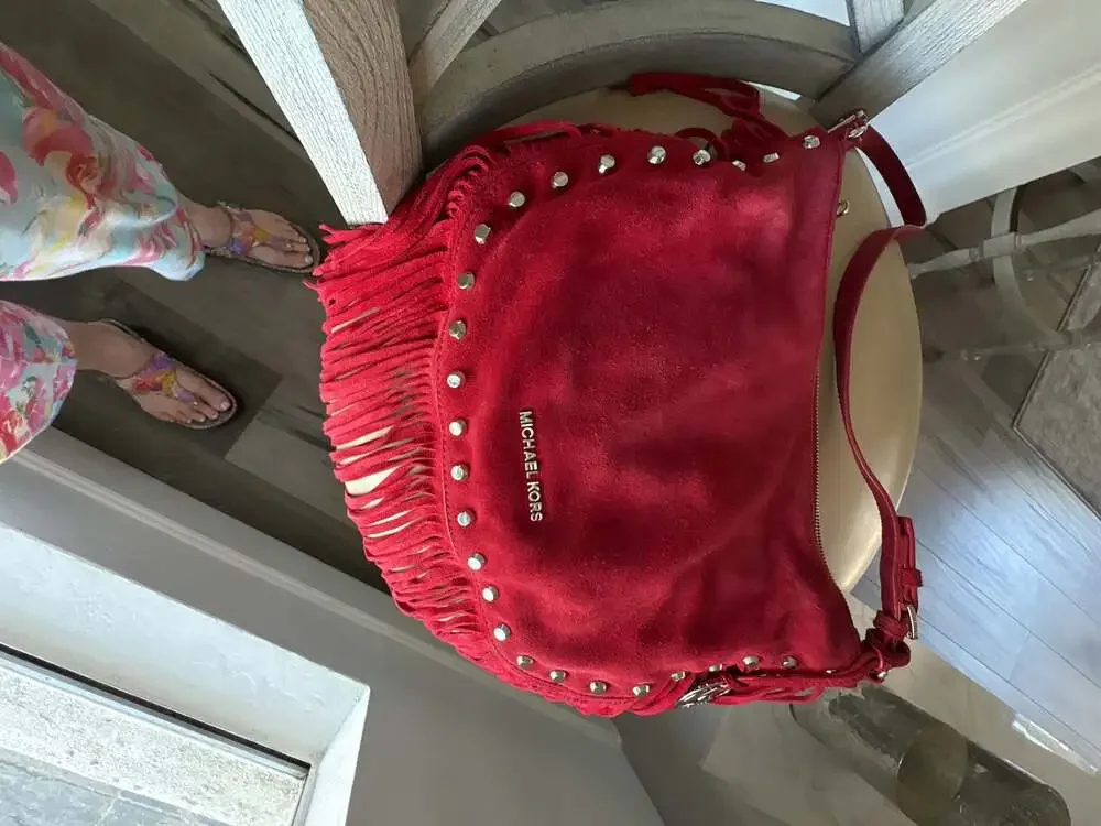 MICHAEL Michael Kors Red Suede Billy Large Fringe Hobo Bag